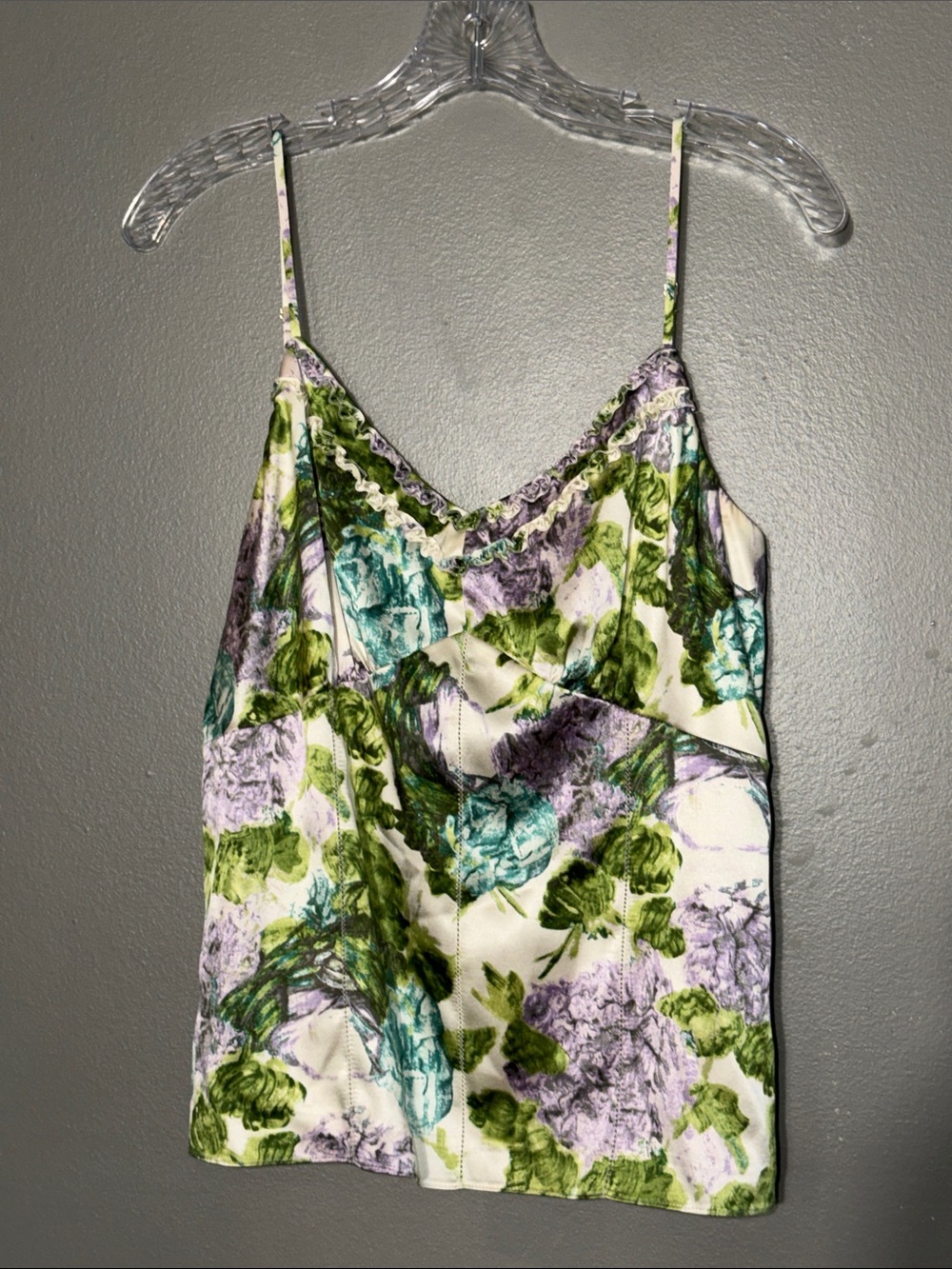 Ann Taylor Silk Blend Floral Cami 8 Purple Green Watercolor Lettuce Trim Cami